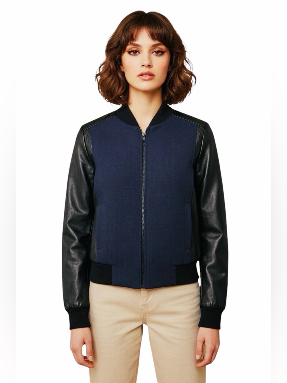 HALOGEN Leather Mixed NEW Bomber Jacket.
